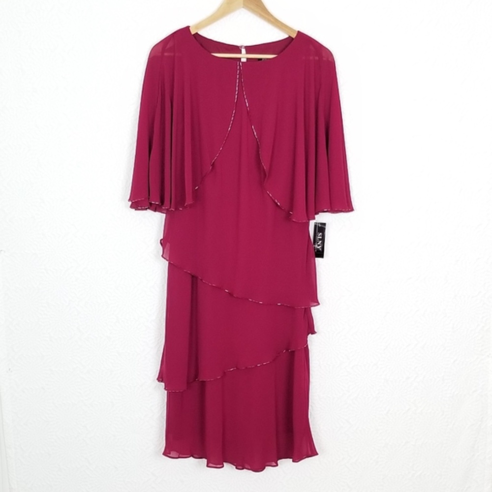 SLNY Capelet Tiered Raspberry Beaded Evening Dress